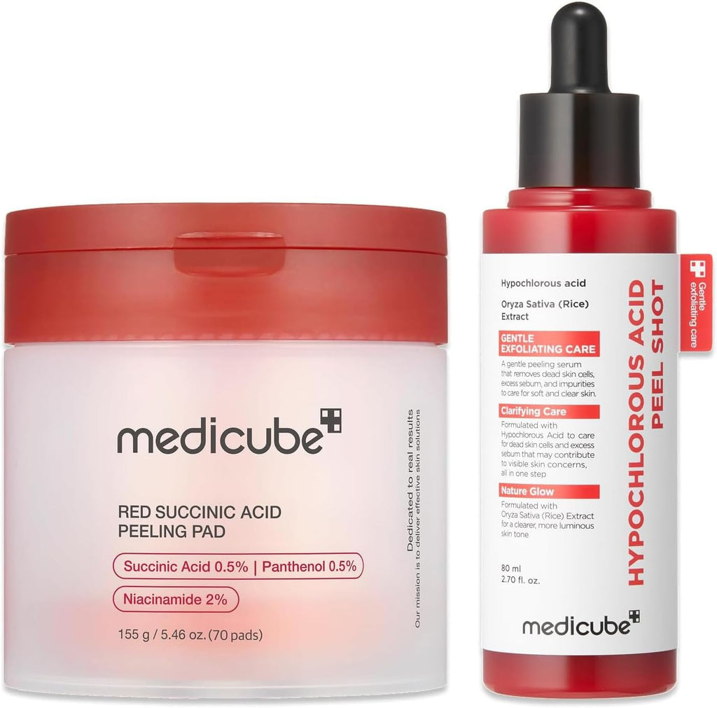 medicube Peel & Swipe Duo: Hypochlorous Acid Rice Peel Shot and Red Succinic Pad for Smooth, Clear Skin | Gentle Exofoliating Duo, Korean Skincare Set